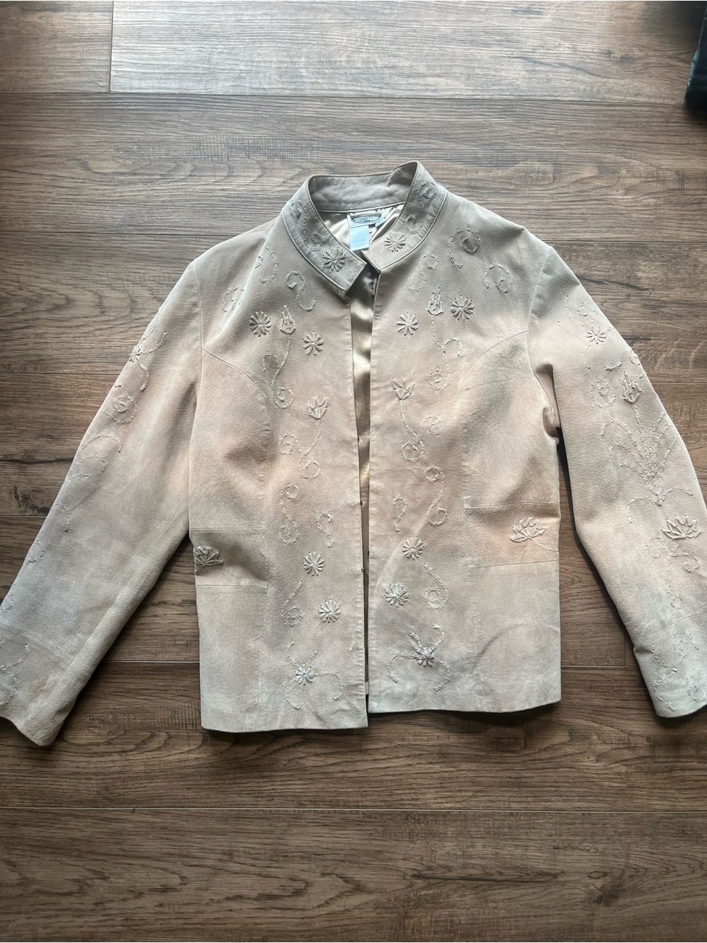 Women's Embroidered Suede Genuine Leather Jacket - tan
